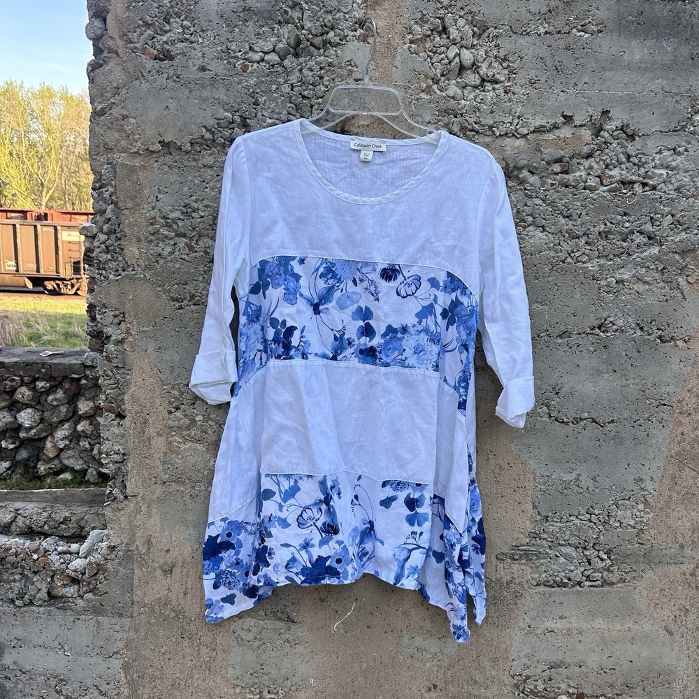 Coldwater Creek 100% Linen P M Tunic Shark Bite Hem Roll Tab Sleeves Beach Boho